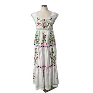 ANTHROPOLOGIE Embroidered White Floral Colorful Off Shoulder Maxi Dress SZ M